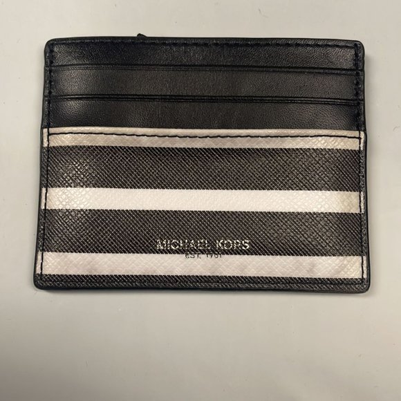 Michael Kors Mens Kent Tall Card holder Wallet Leather BLK/WHT Stripe 36T8LGRD10